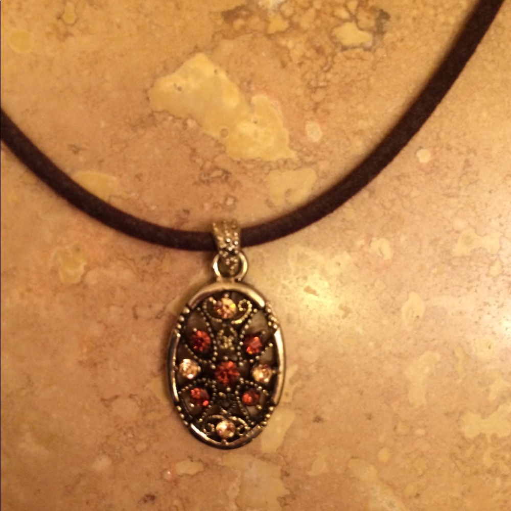 Vintage Y2K Gold & Amber Tone Pendant on Brown Cord Necklace